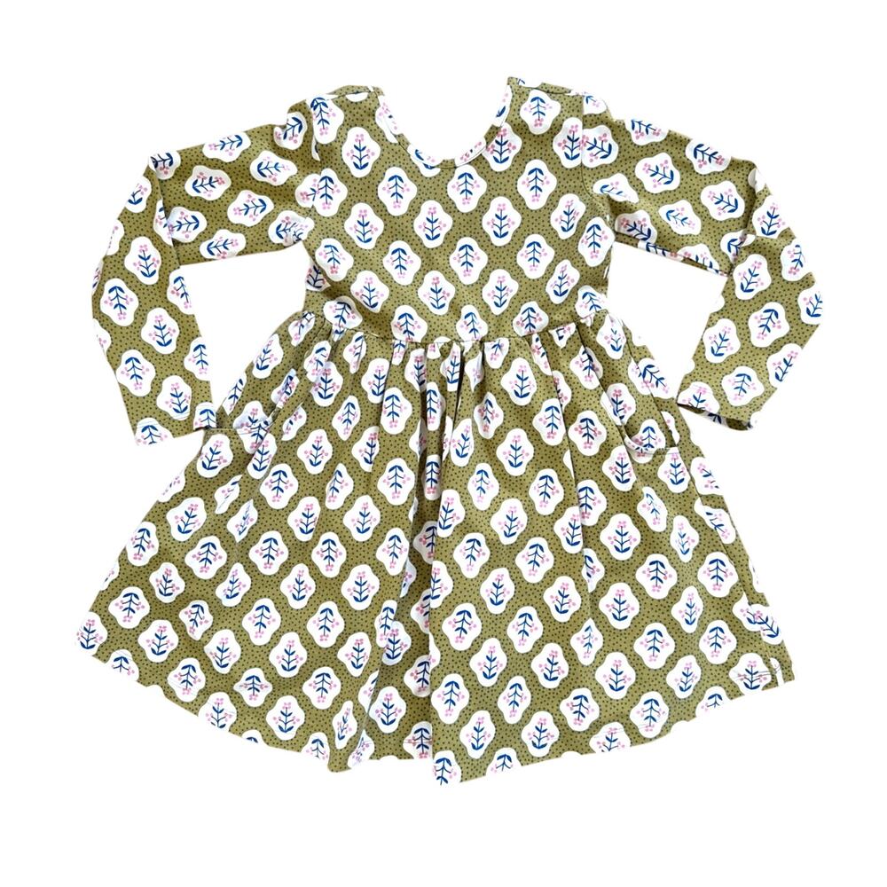 Hanna Andersson Girls Play Dress Long Sleeve Cotton Green Floral SIze 5